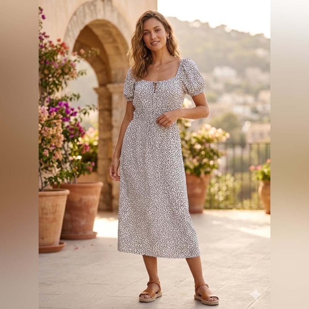 Who What Wear White Dot Midi Dress with Puff Sleeves
